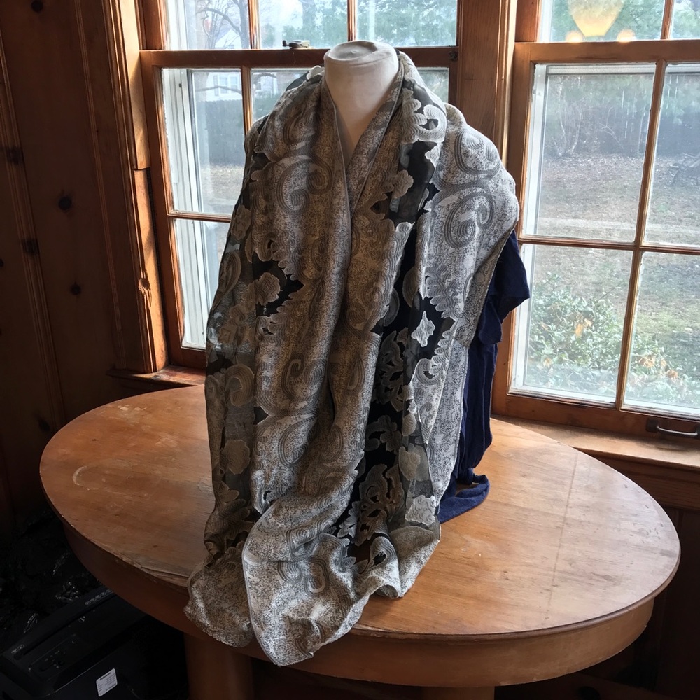Gray, Black and Cream Scarf by Jessica McClintock, 70 x 25 Inches.
